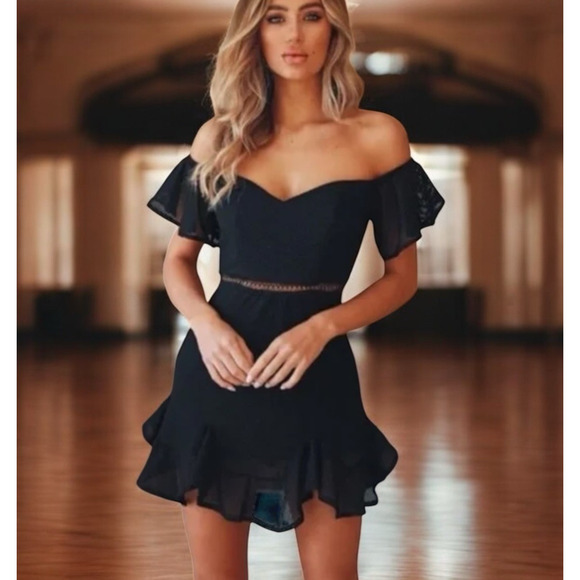 Hello Molly Black Mesh Mini In Other News Dress Sz 8 Sweetheart Neck Ruffle Hem - Picture 1 of 14